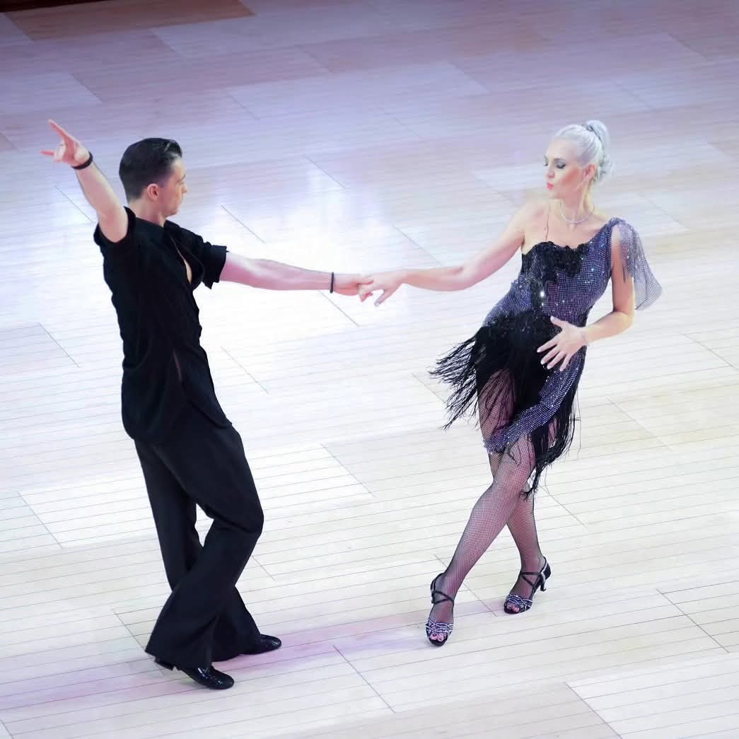 Tatiana Vaccaro competition floor black purple fringe Latin dress